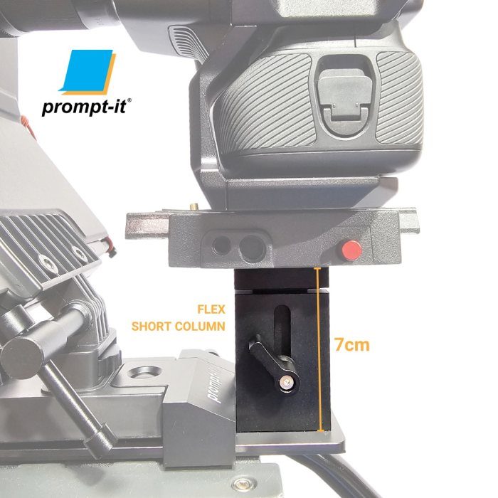 Close up image of the FLEX Teleprompter's short column, which is mounted on the teleprompter, showing the lowest height measurement of 7cm.