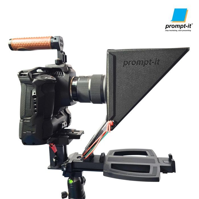 Prompt-it FLEX Teleprompter setup on a tripod with a the BMPCC 6k camera. This image is to showcase the short column optional product for the rig.