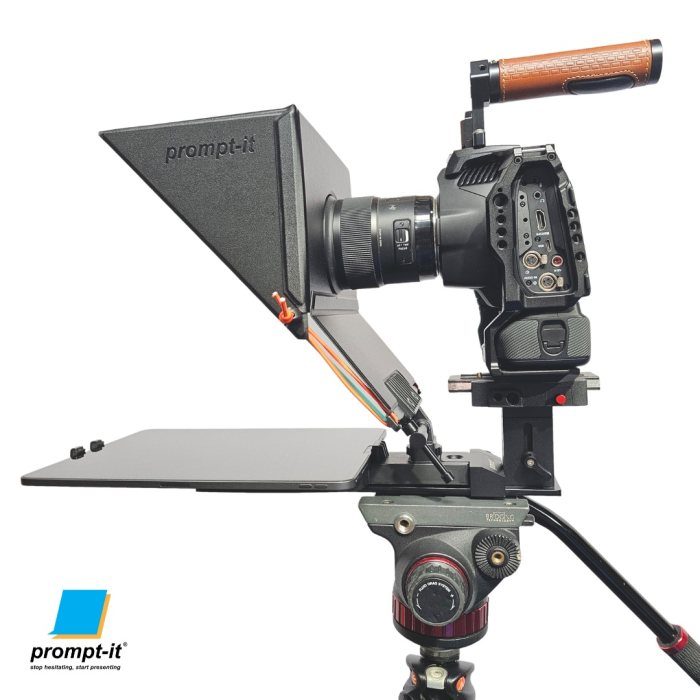 Prompt-it FLEX Teleprompter setup on a tripod with a the BMPCC 6k camera. This image is to showcase the short column optional product for the rig.