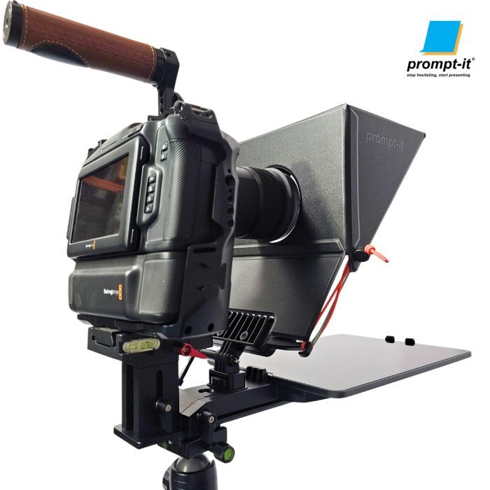 Prompt-it FLEX Teleprompter setup on a tripod with a the BMPCC 6k camera. This image is to showcase the short column optional product for the rig.