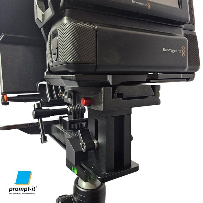 Prompt-it FLEX Teleprompter setup on a tripod with a the BMPCC 6k camera. This image is to showcase the short column optional product for the rig.