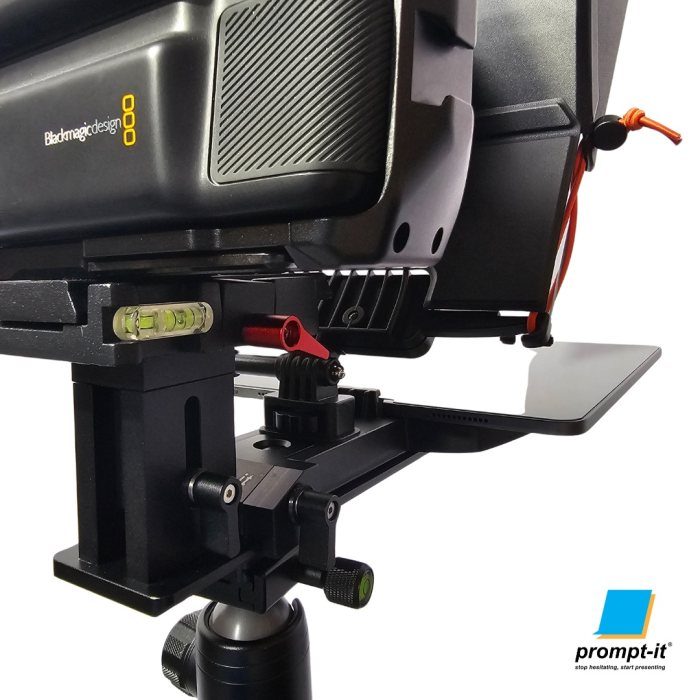 Close up of the Prompt-it FLEX Teleprompter setup on a tripod with a the BMPCC 6k camera. This image is to showcase the short column optional product for the rig.